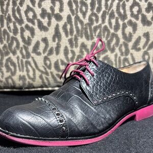 Cole Haan Gramercy studded faux croc‎ black/pink leather saddle shoes wing tip 8